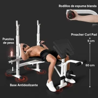 HOMCOM Banco de Musculación Inclinable con Soporte para Barra Ajustable Extensión de Piernas y Curl de Predicador para Gimnasio(m-7)