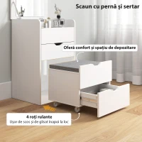 HOMCOM Stație de Machiaj 3 în 1 cu Oglindă Rabatabilă, Scaun Ascuns, Toaletă de Machiaj cu Scaun Tapițat pe Roți, 3 Sertare, Blat din Sticlă Transparentă, Compartiment, Compact, Alb(m-6)