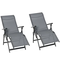 Outsunny Set of 2 Outdoor Sun Lounger 10-Position Adjustable Texteline Folding Reclining Chairs with Footrest for Patio Garden, Grey(m-23)