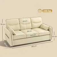 HOMCOM Divano 3 Posti in Finta Pelle con Imbottitura Spessa, Tasca Laterale e 2 Cuscini, 190x83x90 cm, Beige(m-3)