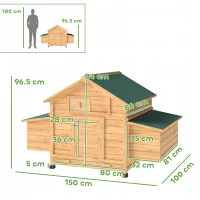 PawHut Wooden Outdoor Chicken Coop with 2 Nests Removable Tray Perches Waterproof Roof 150x100x96.5 cm Yellow(m-3)