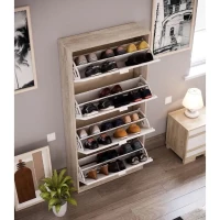 Meuble a chaussures - 4 Portes - Chene et blanc - 75x24x154 cm - Leona(m-3)
