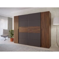 Armoire NARAGO - Décor Noyer Bakersfield et gris - 2 portes coulissantes + 2 portes battantes - L270 x P61 x H210 cm(m-2)