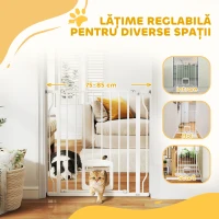 PawHut Poartă pentru Câini și Pisici Extensibilă cu Ușă Integrată, Poartă din Oțel și ABS, 75-85x2x76 cm, Alb(m-4)