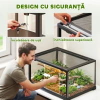 PawHut Terariu pentru Reptile Rialzato 60x45x32 cm cu Dublă Serratura, Ușă pentru Alimentare, Ventilație și Vizualizare a 360°, Rettilario cu Plasă Metalică pentru Șopârle, Păianjeni, Gecko, Șerpi, Negru(m-4)
