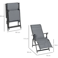 Outsunny Set of 2 Outdoor Sun Lounger 10-Position Adjustable Texteline Folding Reclining Chairs with Footrest for Patio Garden, Grey(m-15)