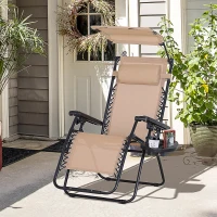 Outsunny Chaise Longue Pliable de Jardin Bain de Soleil zéro gravité Pare-Soleil et Dossier réglable Plateau Porte gobelet Accessoires Metal textilène Beige(m-2)