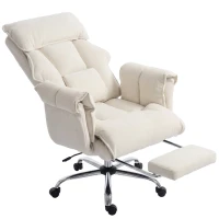 HOMCOM Fauteuil de bureau Fauteuil pivotant réglable en hauteur avec soutien lombaire, repose-pieds, flanelle neige, 80 x 80 x 106-114 cm blanc crème(m-6)