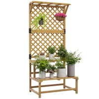 Outsunny Suport pentru plante, raft pentru flori, 2 niveluri, cu spalier și acoperiș, lemn de brad, 75x50x166cm, galben(m-11)