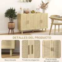 HOMCOM Aparador para Salón con 4 Puertas de Rejilla y Estantes Ajustables Aparador de Estilo Cannage 120x39,5x76 cm Natural(m-6)