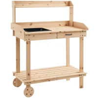 Outsunny Garden Potting Bench Table, Wooden Work Station, Outdoor Planting Workbench with 2 Wheels, Sink, Drawer & Large Storage Spaces, 92x45x119cm(m-10)