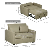 HOMCOM Loveseat Sofa Bed, Convertible Bed Settee with 2 Cushions, Side Pockets for Living Room, Light Brown(m-3)