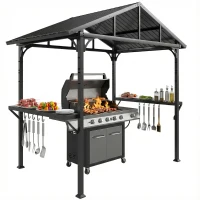 Outsunny Grillpavillon 2,52 x 1,56 m, Wasserdicht Grill Pavillon mit Satteldach Seitenablage Haken Stahlrahmen Schwarz(m-11)