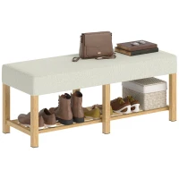 HOMCOM Banco para zapatos, banco de almacenaje con asiento acolchado, estantería abierta, madera de hévea, 120x44x48 cm, madera natural(m-7)