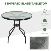 Outsunny 80 cm Round Garden Dining Table with Parasol Hole for 4, Outdoor Coffee Bistro End Side Table with Tempered Glass Top and Steel Frame for Patio, Porch, Black(m-5)