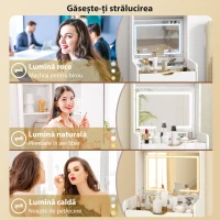 HOMCOM Stație de Machiaj cu Lumini LED în 3 Culori, Oglindă Rabatabilă, Scaun Ascuns, Măsuță de Machiaj cu Scaun Îmbunătățit, 3 Sertare, Compartiment, Dulap cu Uși din Sticlă, Modern, Alb(m-4)