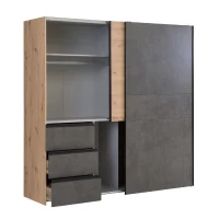 Armoire 2 portes coulissantes 3 tiroirs - Décor chene artisan et béton gris - L 200,1 x P 61,2 x H 200,5 cm - WINN2(m-4)