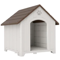 PawHut Casota para Cães de Exterior Casa para Cães Grandes de Plástico com 2 Janelas Base Elevada Estacas Castanho Escuro(m-1)