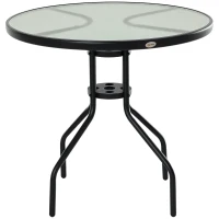 Outsunny 80 cm Round Garden Dining Table with Parasol Hole for 4, Outdoor Coffee Bistro End Side Table with Tempered Glass Top and Steel Frame for Patio, Porch, Black(m-10)