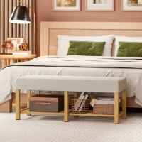 HOMCOM Banco para zapatos, banco de almacenaje con asiento acolchado, estantería abierta, madera de hévea, 120x44x48 cm, madera natural(m-4)