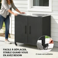 Outsunny Armoire de jardin en Métal, Armoire de Rangement Extérieur, Toit en Acier Inoxydable et Roulettes, Noir(m-7)