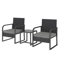 Outsunny Set de Grădină 3 Piese din Rattan PE și Oțel, Set cu 2 Fotolii cu Perne Lavabile și Măsuță de Cafea cu Blat din Sticlă, Set de Mobilier pentru Balcon, Terasă sau Curte, Gri Închis și Negru(m-10)