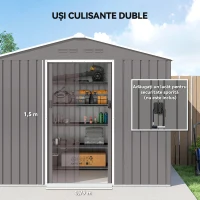 Outsunny Magazie de Grădină 3.6m² din Oțel Galvanizat cu Guri de Ventilație, Magazie de Grădină cu Uși Glisante Duble, Acoperiș Înclinat, Magazie de Unelte cu Mănuși, Gri Deschis(m-5)