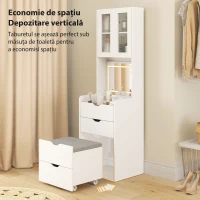 HOMCOM Stație de Machiaj cu Lumini LED în 3 Culori, Oglindă Rabatabilă, Scaun Ascuns, Măsuță de Machiaj cu Scaun Îmbunătățit, 3 Sertare, Compartiment, Dulap cu Uși din Sticlă, Modern, Alb(m-5)