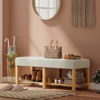 HOMCOM Banco para sapatos, banco de arrumação com assento acolchoado, prateleira aberta, madeira de hévéa, 120x44x48cm, madeira natural(m-6)