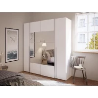 Armoire NARAGO - Décor Blanc mat - 2 portes coulissantes + miroir + 2 portes battantes + 2 penderies - L200 x P61 x H210 cm(m-1)