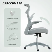 HOMCOM Sedia da Ufficio Ergonomica con Braccioli Regolabili, Schienale a Rete e Poggiatesta, Grigio(m-6)