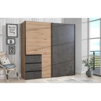 Armoire 2 portes coulissantes 3 tiroirs - Décor chene artisan et béton gris - L 200,1 x P 61,2 x H 200,5 cm - WINN2(m-3)