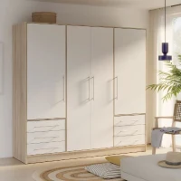 Armoire 4 portes battantes + 6 tiroirs - Chene et blanc - L 206 x P 60 x H 200 cm - JUPITER(m-1)