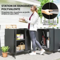 Outsunny Armoire de jardin en Métal, Armoire de Rangement Extérieur, Toit en Acier Inoxydable et Roulettes, Noir(m-4)