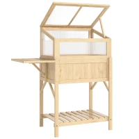 Outsunny Hochbeet mit Frühbeetaufsatz aus Holz Pflanzkasten mit Gewächshaus klappbar Seitentisch Ablagefach Naturholz(m-1)