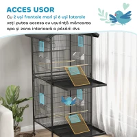 PawHut Volieră pentru Păsări cu Roți, Tăvi Detașabile din Plastic și Stinghii, Colivie pentru Canari din Metal, 168 cm, Negru(m-5)