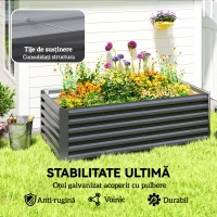 Outsunny Pat de Grădină Ridicat pentru Exterior cu Fund Deschis și Bare de Susținere, Jardinieră din Oțel Galvanizat, pentru Flori, Legume, Balcon sau Grădină, 180x90x57,5 cm, Gri Închis(m-5)