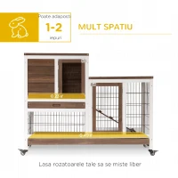 PawHut Cusca pentru iepuri din lemn cu roti, tavi detasabile si casa pentru iepuri cu rampa, 110x50x86cm, maro si alb(m-4)