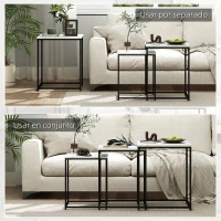 HOMCOM Mesas Auxiliares para Salón Mesas Nido de 3 Piezas con Efecto Mármol y Marco de Acero para Dormitorio Blanco(m-4)