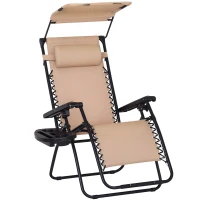 Outsunny Chaise Longue Pliable de Jardin Bain de Soleil zéro gravité Pare-Soleil et Dossier réglable Plateau Porte gobelet Accessoires Metal textilène Beige(m-1)