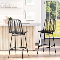HOMCOM PE Rattan Bar Stools Set of 2, Counter Height Barstools with Steel Legs and Footrest for Dining Room, Pub, Black(m-2)