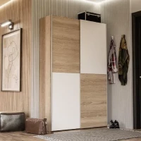 Armoire 2 portes coulissantes multifonction - Blanc et chene clair - L120 x P41,6 x H190,5 cm - OZZULA(m-1)