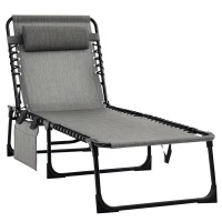 Outsunny Portable Sun Lounger, Folding Camping Bed Cot, Reclining Lounge Chair 5-position Adjustable Backrest with Side Pocket, Pillow for Patio Garden Beach Pool, Mixed Grey(m-22)