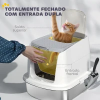 PawHut Caixa de Areia para Gatos em Aço Inoxidável L com Tampa Rebatível Pá Metálica Saco Desodorizante Fácil de Limpar Branco(m-5)