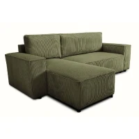 Canapé d'angle convertible réversible - 4 places - JOSH - Tissu velours cotelé - Kaki - Coffre - 242 x 155 x 86 cm(m-3)