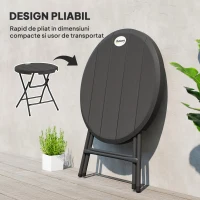 Outsunny Masă de Grădină, rotundă, pliabilă, pentru 4 persoane, efect lemn, oțel+plastic, gri închis, 80 x 80 x 73 cm(m-4)
