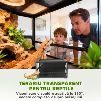 PawHut Terariu pentru Reptile Ridicat și Pliabil 60x45x32 cm cu Încuietoare, Ușă pentru Alimentare, Ventilație și Vizualizare la 360°, Terariu cu Plasă Metalică pentru Șopârle, Păianjeni, Șerpi, Negru(m-8)