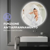 kleankin Specchio Bagno con Luci LED Regolabili, Interruttori Touch e Design Antiappannamento, Ø80 cm(m-7)