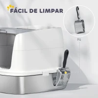 PawHut Caixa de Areia para Gatos em Aço Inoxidável L com Tampa Rebatível Pá Metálica Saco Desodorizante Fácil de Limpar Branco(m-7)