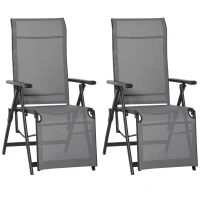Outsunny Set of 2 Outdoor Sun Lounger 10-Position Adjustable Texteline Folding Reclining Chairs with Footrest for Patio Garden, Grey(m-13)